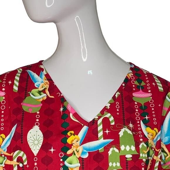 Disney NWT Tinker Bell Christmas Scrub Top Short Sleeves Red and Green … - Picture 2 of 9
